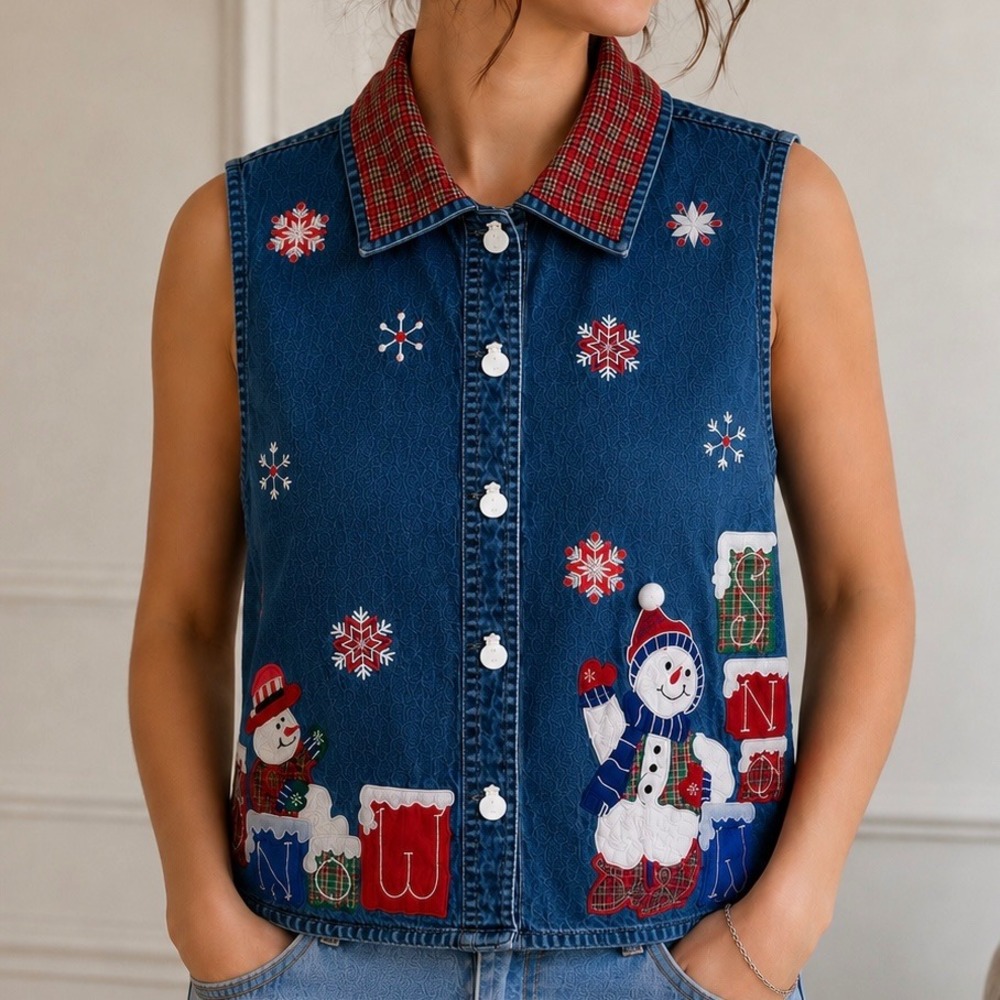 Vintage Tantrums Denim Snowman Holiday Vest Sz M 90s Christmas Ugly Cotton Plaid